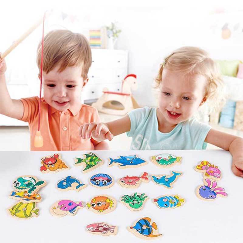 34 Pieces Magnetic Fishing Game for Kids Wooden Magnet Fishing Game ...