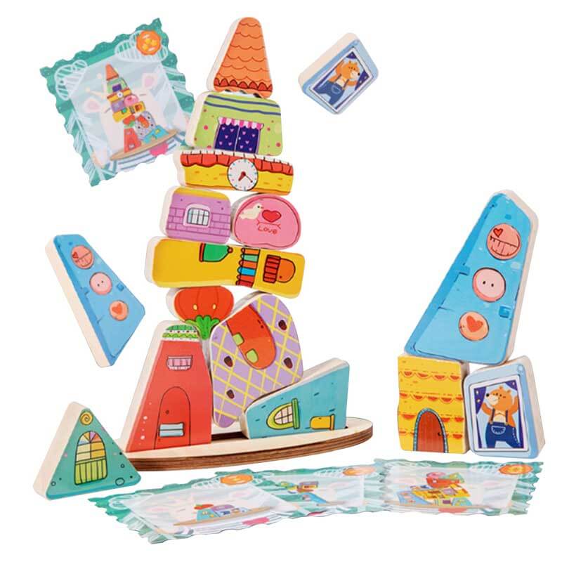 Montessori Wooden Stacking Toy,Colorful Houses Building Blocks Game 14 ...