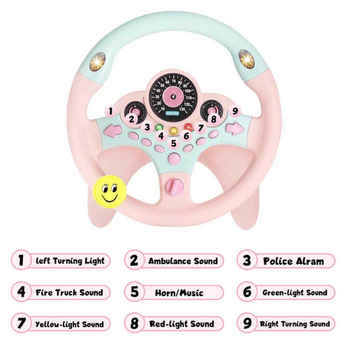 Kids Steering Wheel for Car, Driving Simulated Toy Steering Wheel for Kids with Light and Music, Electric Early Learning Educational Baby Steering Wheel Toy for Kids （Pink） | Shinymarch