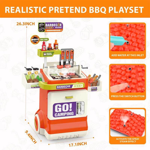 61PCS Kitchen Toys Playset,Kids Barbecue Grill Toy Set with Smoke, Sound& Light, Pretend Play Food BBQ Drill Cooking Game Toys,Indoor&Outdoor Play Grill Cart Toy Gift for Kids Boys Girls | Shinymarch