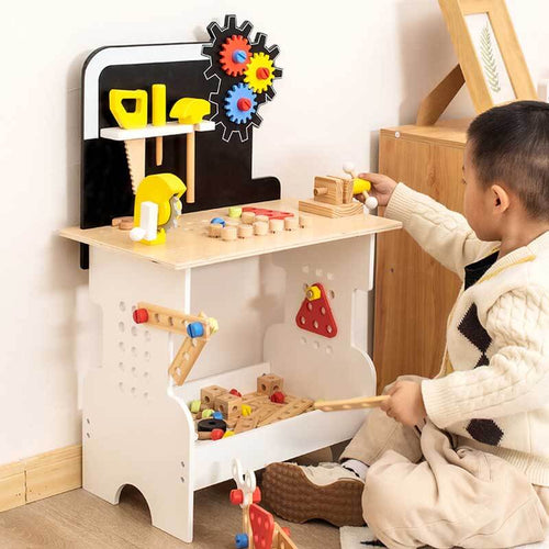 Premium Wooden Tool Table for Kids - Realistic Pretend Play Workbench with Gears and Tools - Early Education Montessori Toy for Fine Motor Skills and Creativity (Durable, Safe, and Educational | Shinymarch