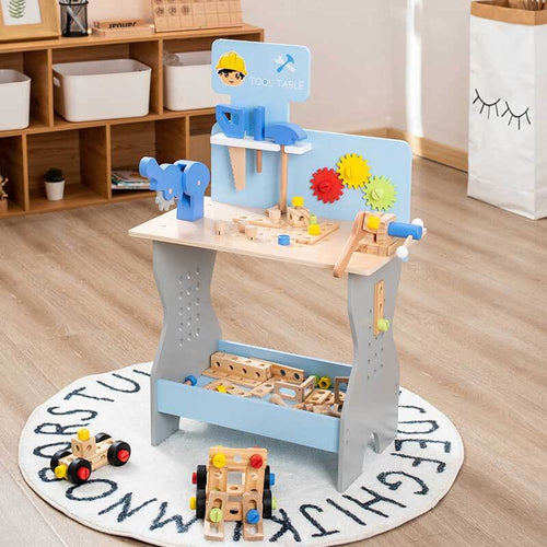 Premium Wooden Tool Table for Kids - Realistic Pretend Play Workbench with Gears and Tools - Early Education Montessori Toy for Fine Motor Skills and Creativity (Durable, Safe, and Educational | Shinymarch