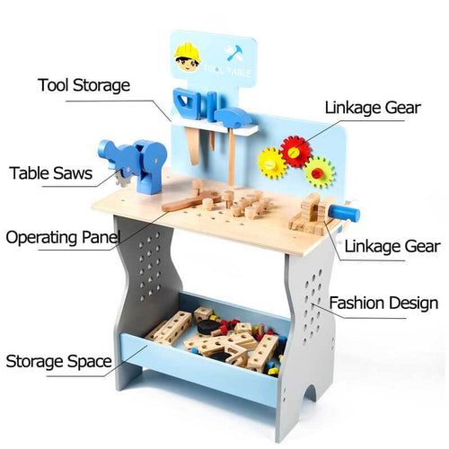 Premium Wooden Tool Table for Kids - Realistic Pretend Play Workbench with Gears and Tools - Early Education Montessori Toy for Fine Motor Skills and Creativity (Durable, Safe, and Educational | Shinymarch