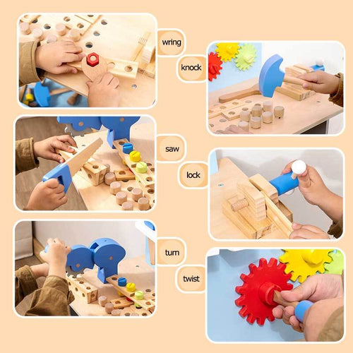 Premium Wooden Tool Table for Kids - Realistic Pretend Play Workbench with Gears and Tools - Early Education Montessori Toy for Fine Motor Skills and Creativity (Durable, Safe, and Educational | Shinymarch