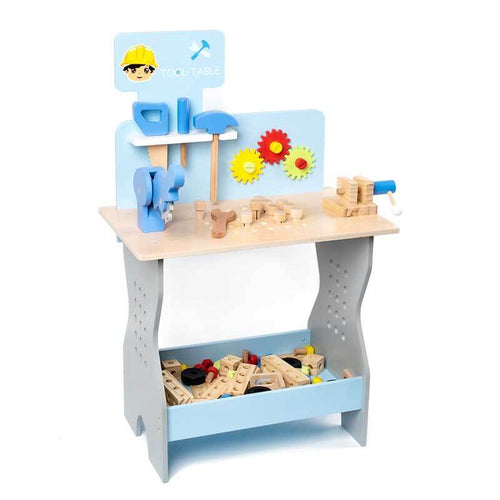 Premium Wooden Tool Table for Kids - Realistic Pretend Play Workbench with Gears and Tools - Early Education Montessori Toy for Fine Motor Skills and Creativity (Durable, Safe, and Educational | Shinymarch