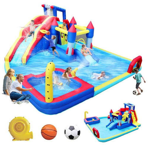 10 in1 Inflatable slide water park bouncing house garden with splash pool & water gun & basketball & climbing wall & dual pools & soccer | Shinymarch