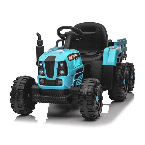 Blue Ride on Tractor with Trailer,12V Battery Powered Electric Tractor Toy w/Remote Control,electric car for kids,Three speed adjustable,Power display, USB,MP3 ,Bluetooth,LED light,Two-point safety belt | Shinymarch