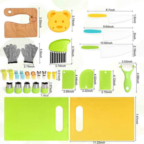 28PCS Toddler Knife Set - Kids Knifes for Real Cooking, Montessori Kids Kitchen Knife Set with Cutting Board Crinkle Cutters Kid Safe Knives, Toddlers Kitchen Tools for Age 2-10 Year Old Girl Boy | Shinymarch