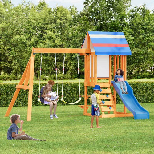 Wooden Outdoor Swing Set 3 in 1 Swing Set outdoor Children's Playset with Slide , 2 Swings and Climber for Garden, Backyard and Playground, Blue  | Shinymarch