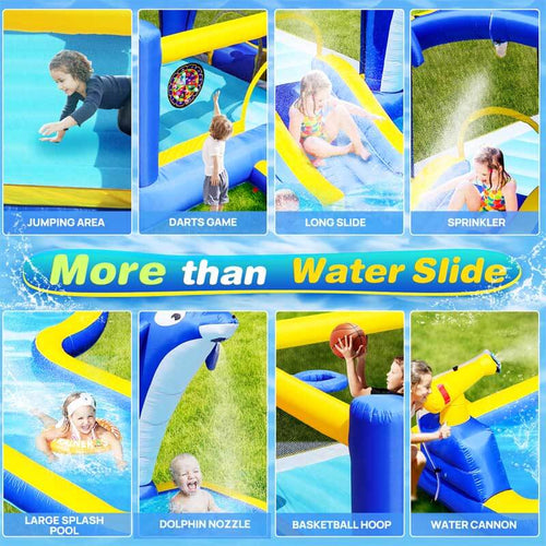 8 in1 Inflatable slide water park trampoline bouncing house outdoor garden with Dolphin sprinkler & Target games & Water gun & Basketball | Shinymarch