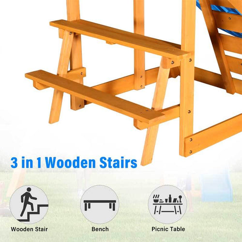 Wooden Outdoor Swing Set 3 in 1 Swing Set outdoor Children's Playset with Slide , 2 Swings and Climber for Garden, Backyard and Playground, Blue  | Shinymarch