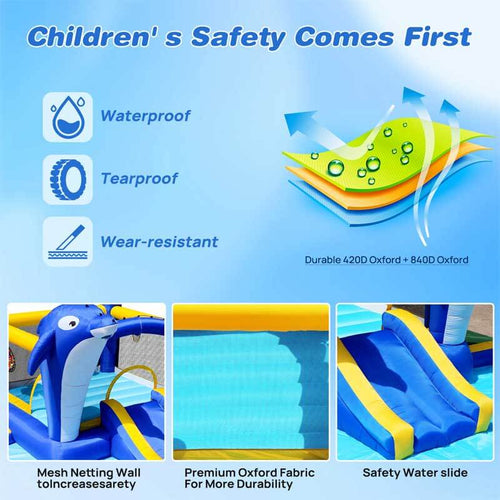 8 in1 Inflatable slide water park trampoline bouncing house outdoor garden with Dolphin sprinkler & Target games & Water gun & Basketball | Shinymarch