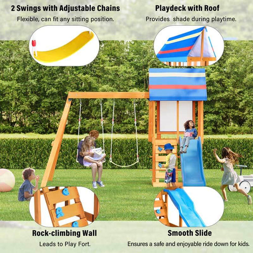 Wooden Outdoor Swing Set 3 in 1 Swing Set outdoor Children's Playset with Slide , 2 Swings and Climber for Garden, Backyard and Playground, Blue  | Shinymarch