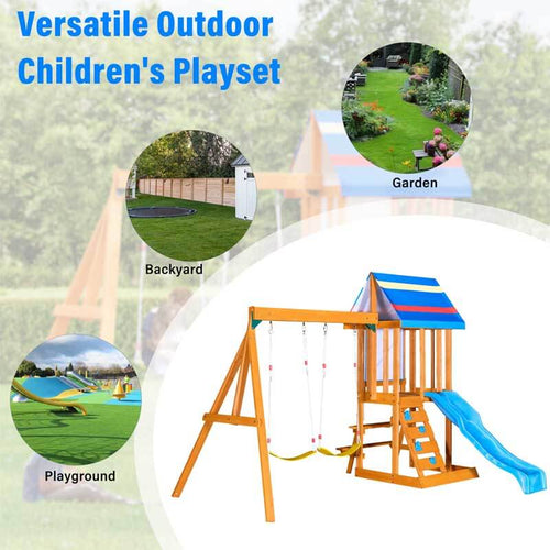 Wooden Outdoor Swing Set 3 in 1 Swing Set outdoor Children's Playset with Slide , 2 Swings and Climber for Garden, Backyard and Playground, Blue  | Shinymarch