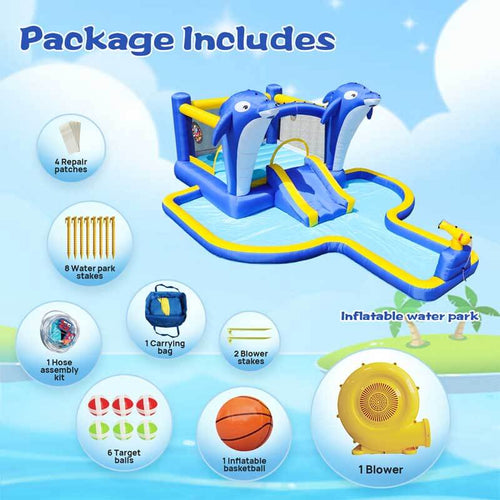 8 in1 Inflatable slide water park trampoline bouncing house outdoor garden with Dolphin sprinkler & Target games & Water gun & Basketball | Shinymarch