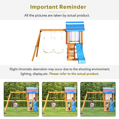 Wooden Outdoor Swing Set 3 in 1 Swing Set outdoor Children's Playset with Slide , 2 Swings and Climber for Garden, Backyard and Playground, Blue  | Shinymarch