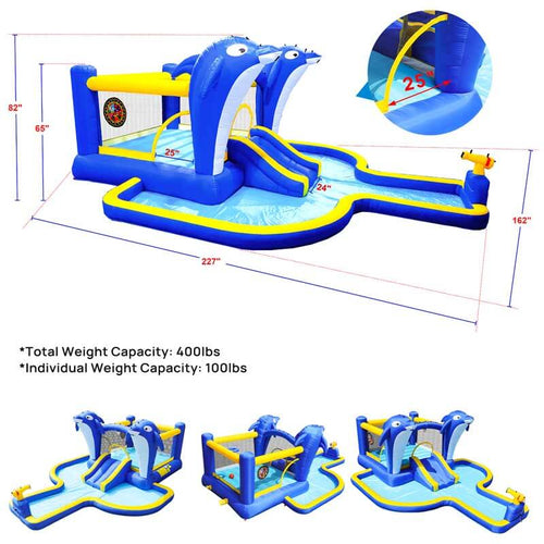 8 in1 Inflatable slide water park trampoline bouncing house outdoor garden with Dolphin sprinkler & Target games & Water gun & Basketball | Shinymarch