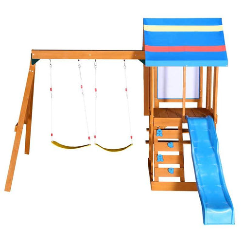 Wooden Outdoor Swing Set 3 in 1 Swing Set outdoor Children's Playset with Slide , 2 Swings and Climber for Garden, Backyard and Playground, Blue  | Shinymarch