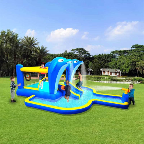8 in1 Inflatable slide water park trampoline bouncing house outdoor garden with Dolphin sprinkler & Target games & Water gun & Basketball | Shinymarch