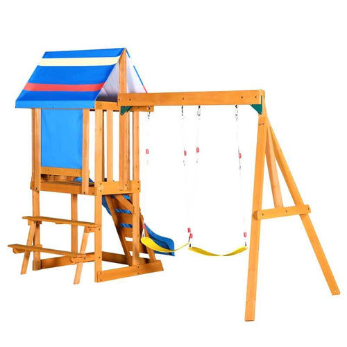 Wooden Outdoor Swing Set 3 in 1 Swing Set outdoor Children's Playset with Slide , 2 Swings and Climber for Garden, Backyard and Playground, Blue  | Shinymarch