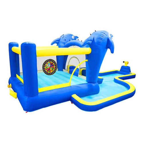 8 in1 Inflatable slide water park trampoline bouncing house outdoor garden with Dolphin sprinkler & Target games & Water gun & Basketball | Shinymarch