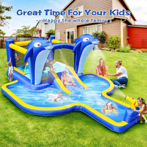 8 in1 Inflatable slide water park trampoline bouncing house outdoor garden with Dolphin sprinkler & Target games & Water gun & Basketball | Shinymarch