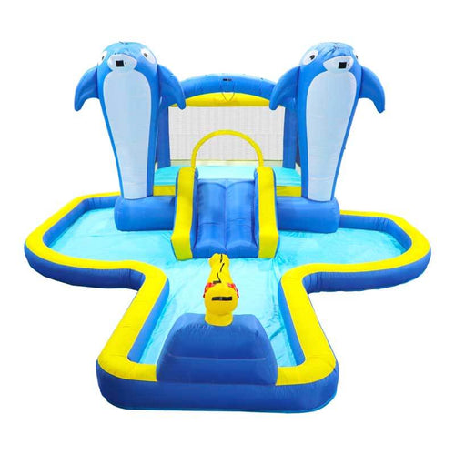 8 in1 Inflatable slide water park trampoline bouncing house outdoor garden with Dolphin sprinkler & Target games & Water gun & Basketball | Shinymarch