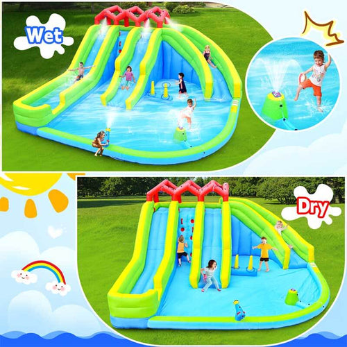 7 in1 Inflatable Water Park Three Slide with Blower Water Gun Sprinkler Fountain Climbing Wall for Children | Shinymarch