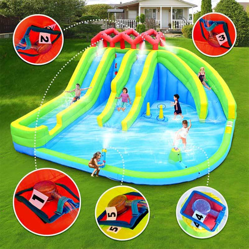 7 in1 Inflatable Water Park Three Slide with Blower Water Gun Sprinkler Fountain Climbing Wall for Children | Shinymarch