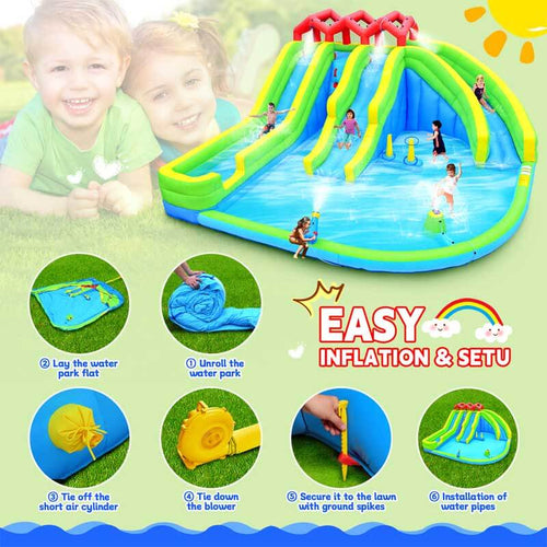 7 in1 Inflatable Water Park Three Slide with Blower Water Gun Sprinkler Fountain Climbing Wall for Children | Shinymarch