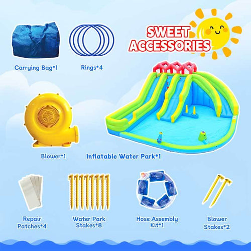 7 in1 Inflatable Water Park Three Slide with Blower Water Gun Sprinkler Fountain Climbing Wall for Children | Shinymarch
