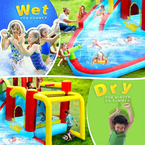 7 in1 Inflatable slide water park bouncing house outdoor Soccer garden bouncer with Splash pool & Water gun & Climbing wall & Basketball & Football  | Shinymarch