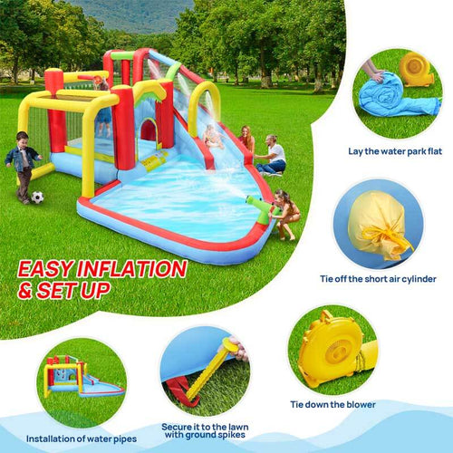 7 in1 Inflatable slide water park bouncing house outdoor Soccer garden bouncer with Splash pool & Water gun & Climbing wall & Basketball & Football  | Shinymarch