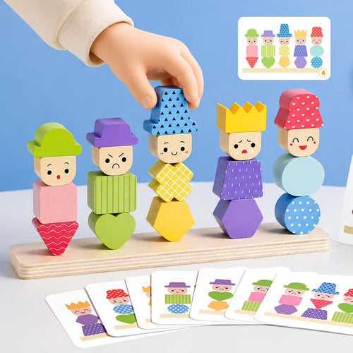 Montessori Wooden Character Stacking & Sorting Toy with Challenge Cards – Multi-Dimensional Color, Shape & Expression Matching Puzzle for Toddlers 3+ | Shinymarch