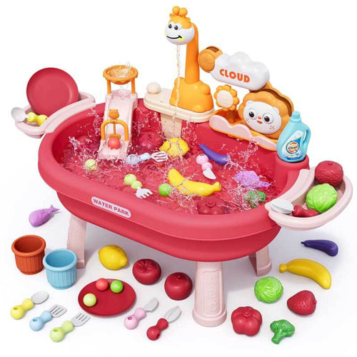 2026 New Kids Sand & Water Table Toys for Toddlers, Kids Water Park Play Kitchen Sink with Running Water,Giraffe Electric Faucet,Water Rolling Game,Detachable Legs Toddler Summer Toy for Boys Girls | Totlogics