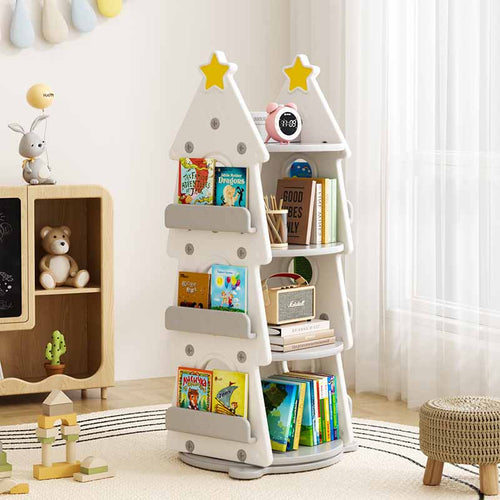 MerryTurn™ Christmas Book Stand, 4 Tier Rotating Bookshelf Tower, Small Lazy Susan Organizer, Creative Christmas Tree Corner Bookshelf, Freestanding Picture Book Storage Rack for Bendroom, Living Room, Office, Christmas, Birthday Gift | Totlogics