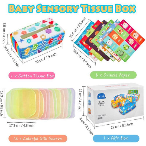 Baby Tissue Box Toys, Montessori Toy for Babies 6-12 Months Sensory Toys Magic Tissue Box with Crinkle Scarves Educational High Contrast Toys for Kids Toddlers Early Learning Gift | Shinymarch