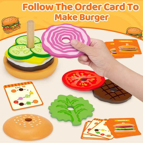 Montessori Toys for 2, 3, 4, 5, Year Old, Wooden Burger Stacking Toys, Fine Motor Toys for Kids Boys Girls, Ideal Preschool Educational and Learning Toys, Perfect Christmas Birthday Gifts | Shinymarch