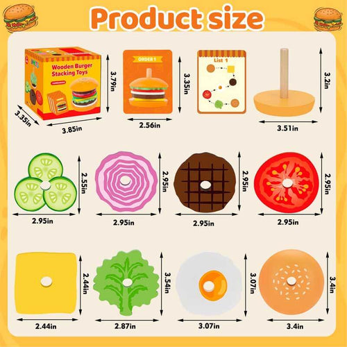 Montessori Toys for 2, 3, 4, 5, Year Old, Wooden Burger Stacking Toys, Fine Motor Toys for Kids Boys Girls, Ideal Preschool Educational and Learning Toys, Perfect Christmas Birthday Gifts | Shinymarch