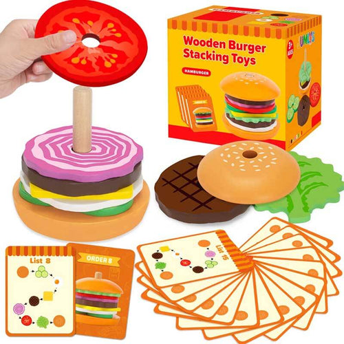 Montessori Toys for 2, 3, 4, 5, Year Old, Wooden Burger Stacking Toys, Fine Motor Toys for Kids Boys Girls, Ideal Preschool Educational and Learning Toys, Perfect Christmas Birthday Gifts | Shinymarch