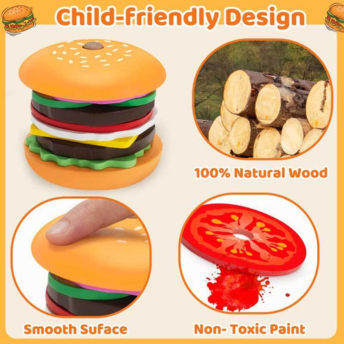 Montessori Toys for 2, 3, 4, 5, Year Old, Wooden Burger Stacking Toys, Fine Motor Toys for Kids Boys Girls, Ideal Preschool Educational and Learning Toys, Perfect Christmas Birthday Gifts | Shinymarch